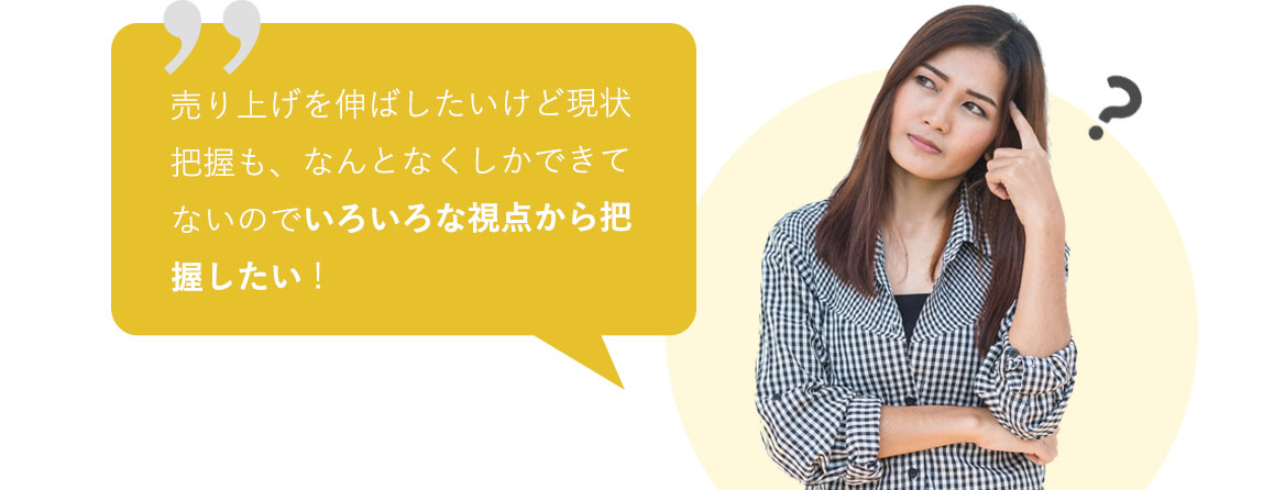 売り上げを伸ばしたいけど現状把握も、なんとなくしかできてないのでいろいろな視点から把握したいを！